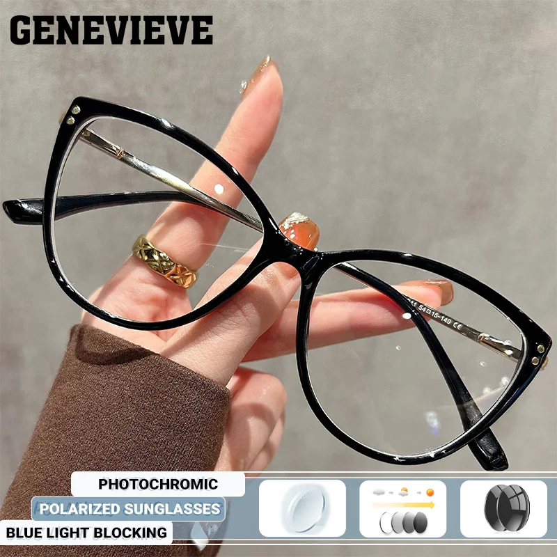 genevieve-新型キャットアイ女性用調光ブルーライトカットリーディンググラス偏光サングラス、度付きレンズのカスタマイズ可能