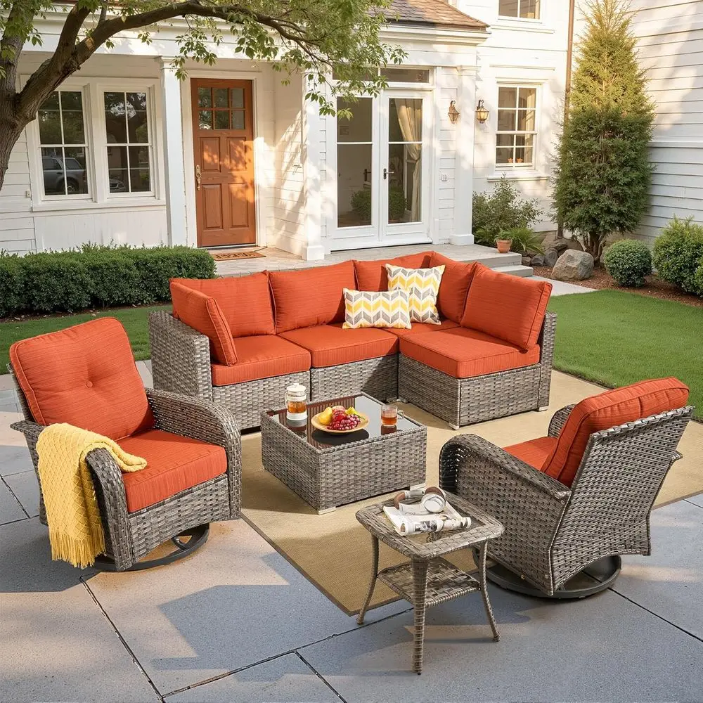

8-Piece Outdoor Sectional Patio Furniture Set with 6 Seats, Rattan L-Shaped Couch and Swivel Chairs for Garden & Backyard