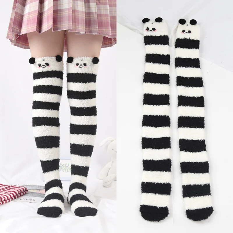 

Women Girl Cute Winter Striped Coral Velvet Long Socks Warm Thicke Knee Length Socks Cute Bear Fox Sheep Home Towel Stockings