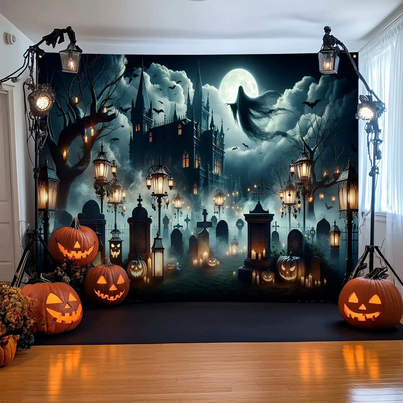 VIKAMA Halloween Haunted Castle Tapestry Ghost Pumpkin Cemetery Wall Hanging Spooky Night Backdrop Party Bedroom Decor