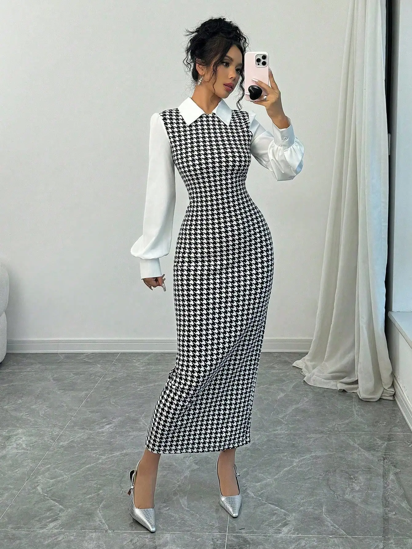 

Black and White Houndstooth Bodycon Maxi Dress with Peter Pan Collar and Puff Sleeves