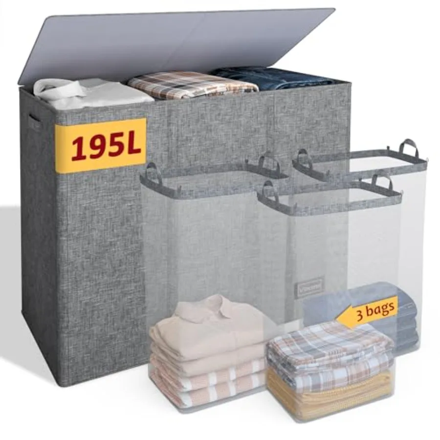 

Корзина для белья с 3 секциями, большая корзина для грязного белья с крышкой, корзина для белья с 3 внутренними мешками, складная корзина для белья, органайзер