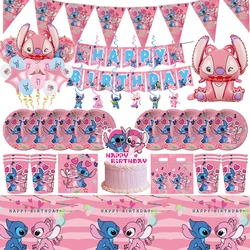 Disney Lilo Stitch Birthday Decorations Pink Stitch Theme Tableware Angel Balloon Happy Banner Backdrop Supplies For Kids Girls