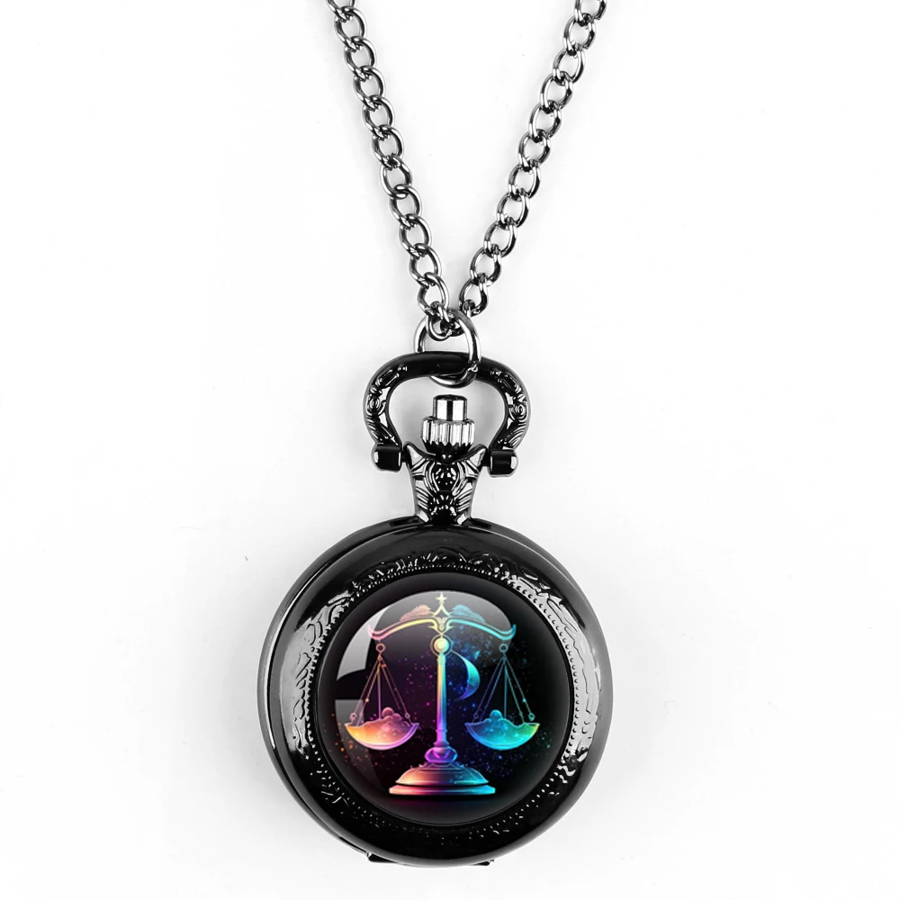 Vintage Libra Quartz Pocket Watch, Cool Black Necklace Pocket Watch, Unique Pendant Clock Gift