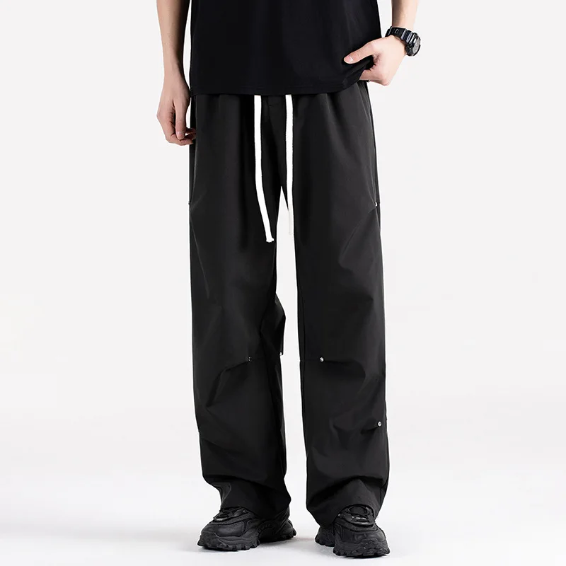 Men Tactical Overalls Summer Drawstring Waist Multi-Pocket Straight Street Military Lightweight Breathable Outdoor Casual Pants