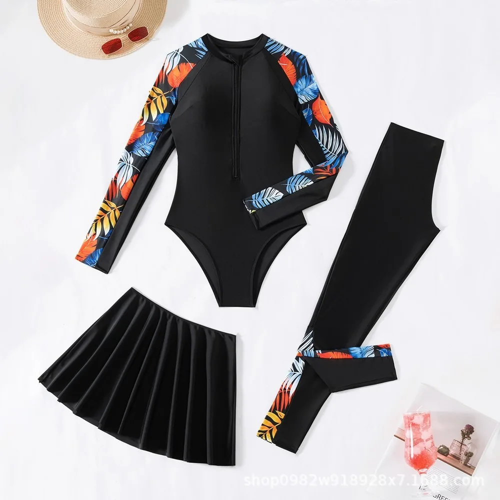 Women's 4 Piece Long Sleeve Swimwear Set Printed Rash Guard Zip Up Tie Dye Sexy Swimsuit Sun Protection 2 Pieces Tankini Swimsui