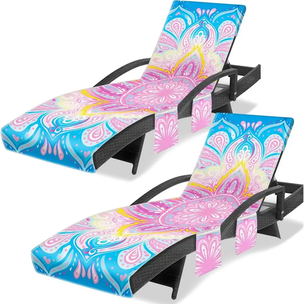 

Lounge Chair Towel Cover, Chaise Lounge Cover (Pack o 2), Beach Chair Covers with 3 kets or Trips Beach Pool Garden Suthing Cour