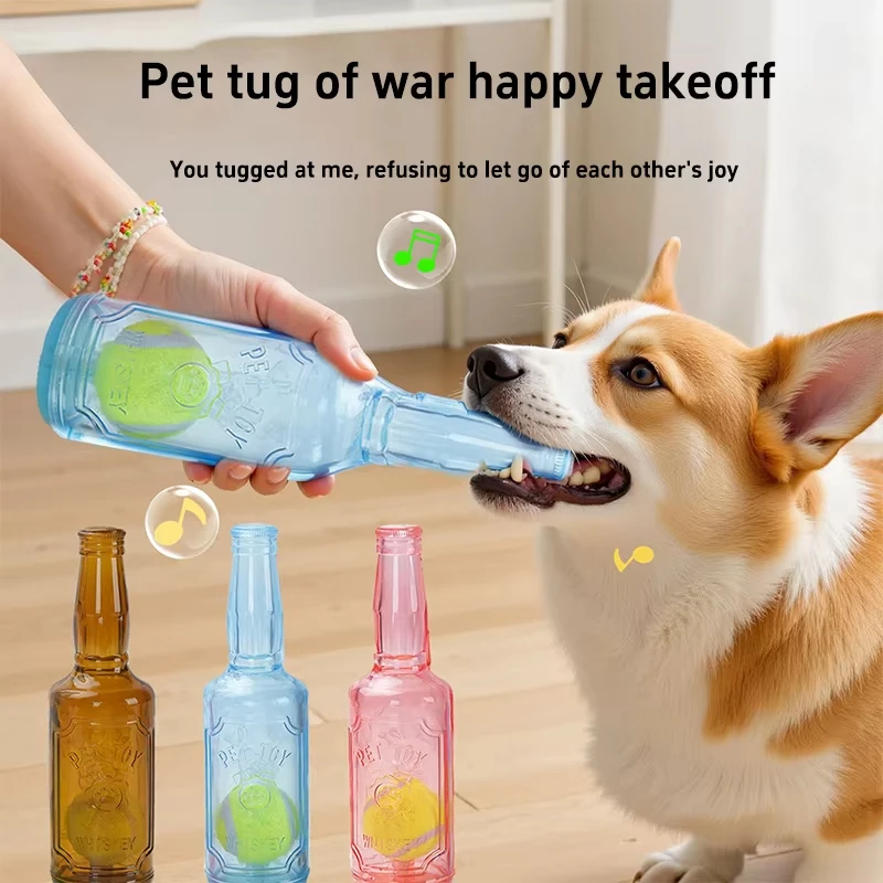 Silicone Beer Bottle Dog Chew Toy with Tennis Ball, Squeaky Interactive Puppy Teeth Cleaning Bite Resistant Dog Toy