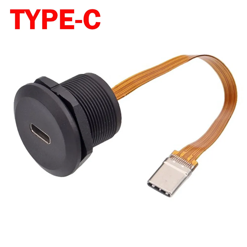 1pc Round Panel mount USB Type C 3.1 Female to Male PFC Flat Cable Type-C 3.1 Industrial Threaded Power Charging Connector