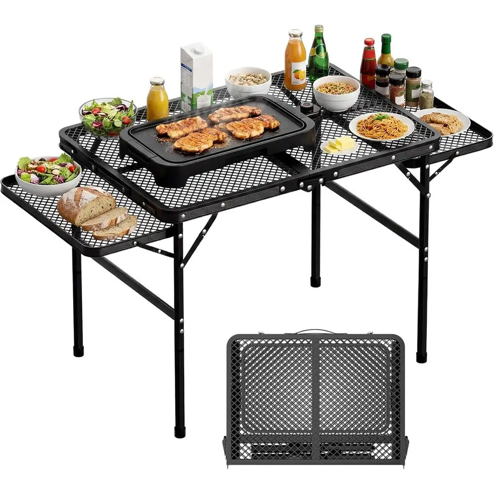 

Adjustable Height Outdoor Camping Table with 2 Extra Surfaces, Portable Metal Grill Table for Picnic, BBQ, Beach