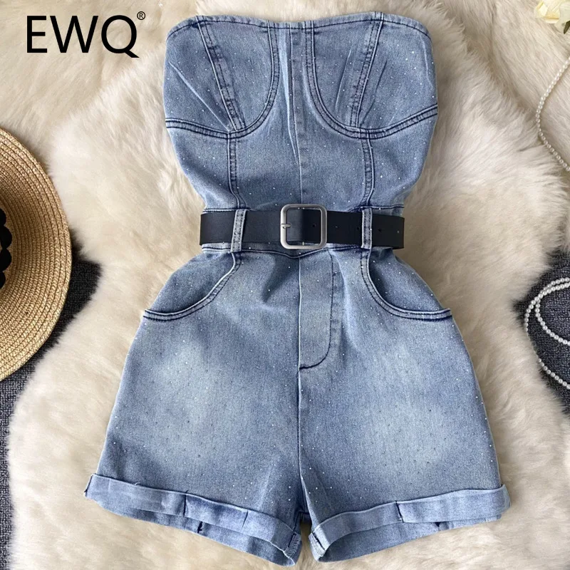 Ewq Streetwear Denim Korte Jumpsuit Voor Vrouwen Strapless Riem Hoge Taille Slim Kleding Mode Dames 2024 Nieuwe Kleding 27c755