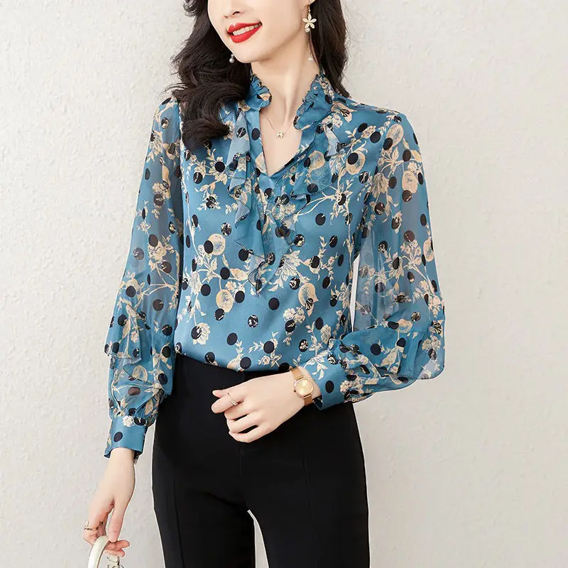 Commute Vintage Printed Polka Dot Blouse Stylish Ruffles Spliced Women\'s Clothing Elegant V-Neck Spring Long Sleeve Shirt 2023