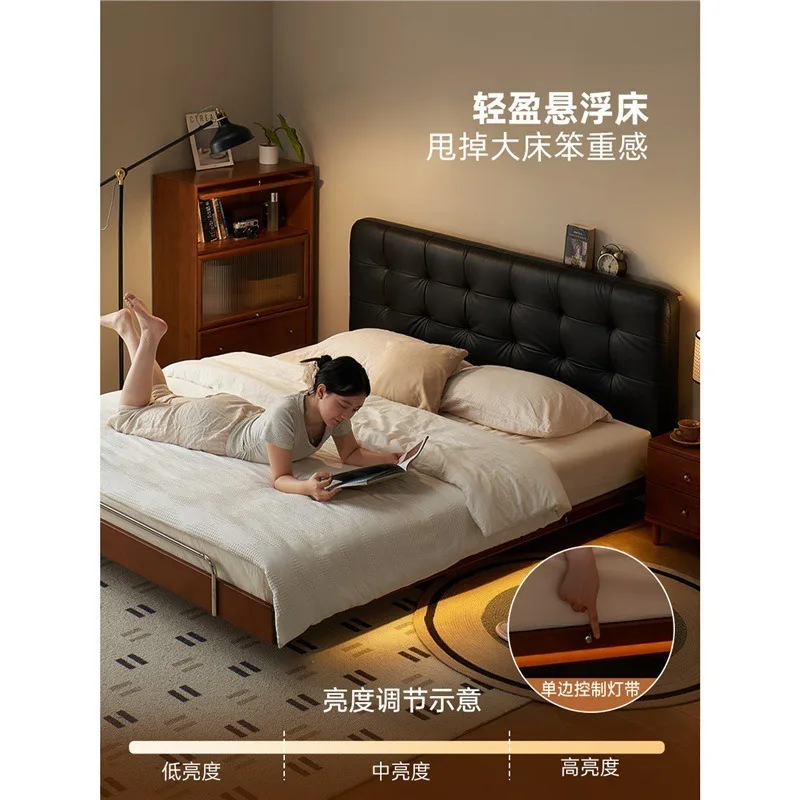 Solid wood bed Medium antique black leather suspended bed 1.8 Master bedroom double bed Waffle bed