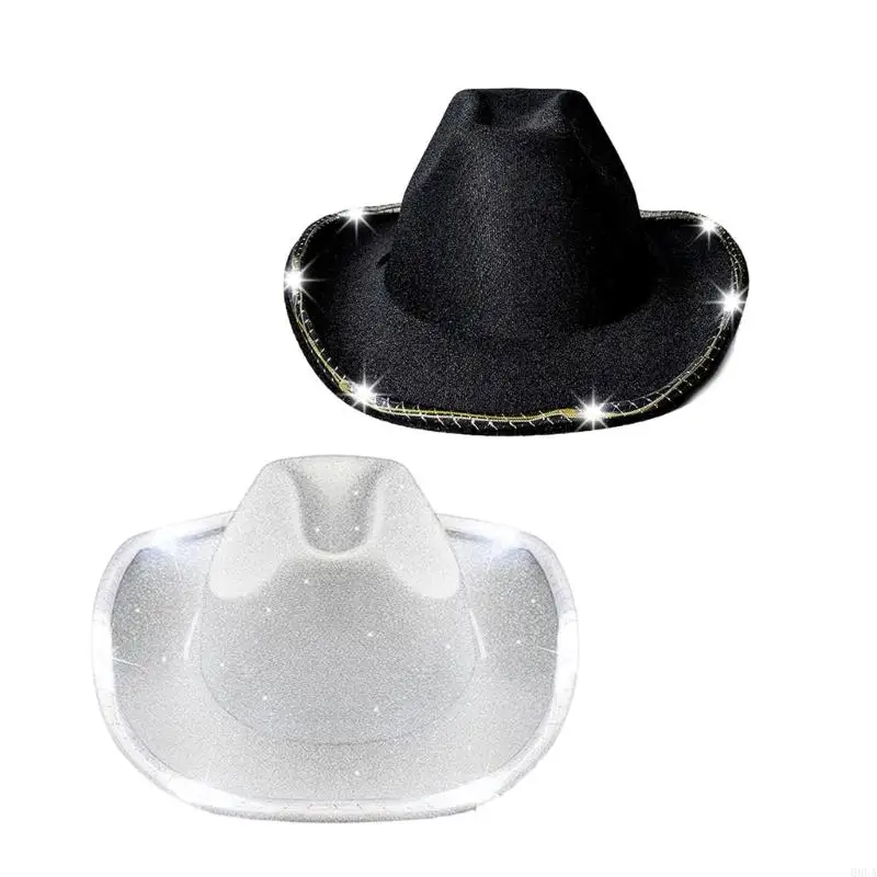 

68UA Glitter LED Light Up Cowboy Caps Removable Battery Night Party Accessory