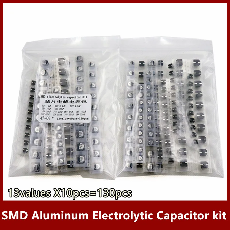 13 values X10pcs=130pcs 1uF-220uF SMD Aluminum Electrolytic Capacitor Assorted Kit Set 10V 25V 50V 4*5 4X5 6X5 Samples Kit