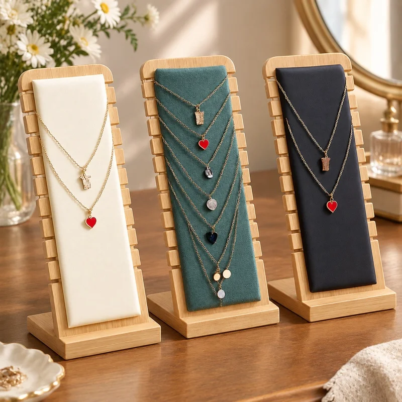 Vertical Jewelry Display Stand Made of Bamboo, Perfect for Organizing Necklaces at Home or Store