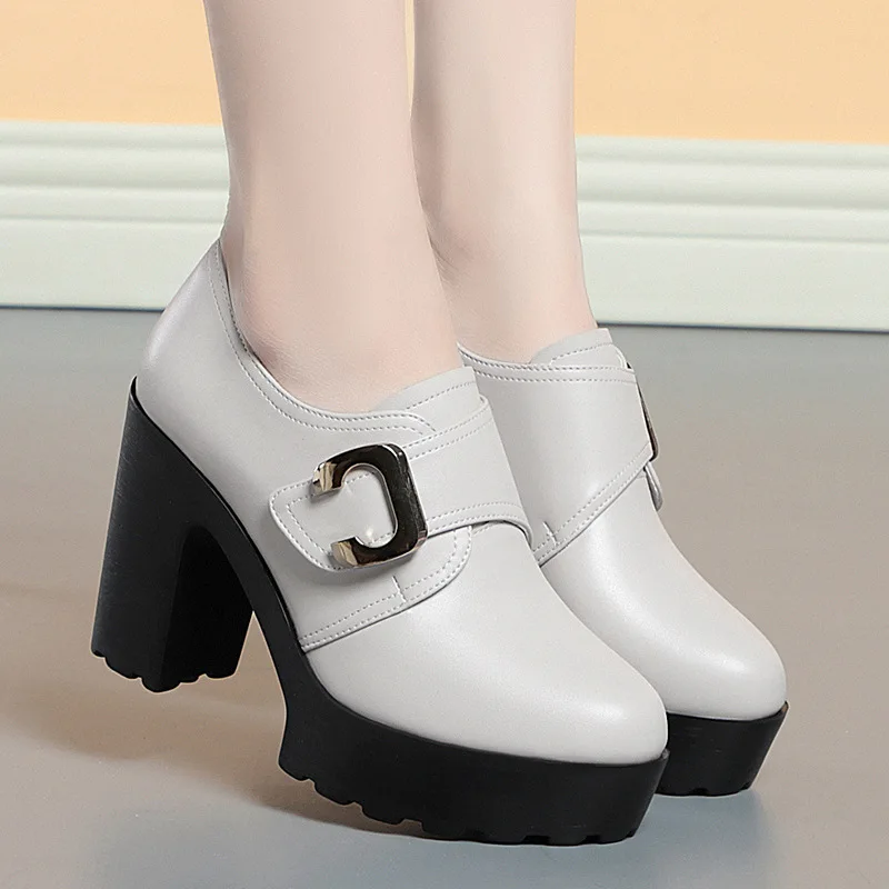 British Style Deep Mouth Soft Leather Chunky Shoes 2024 Spring Block High Heels Shoes Women Oxfords For Office Grace Mode