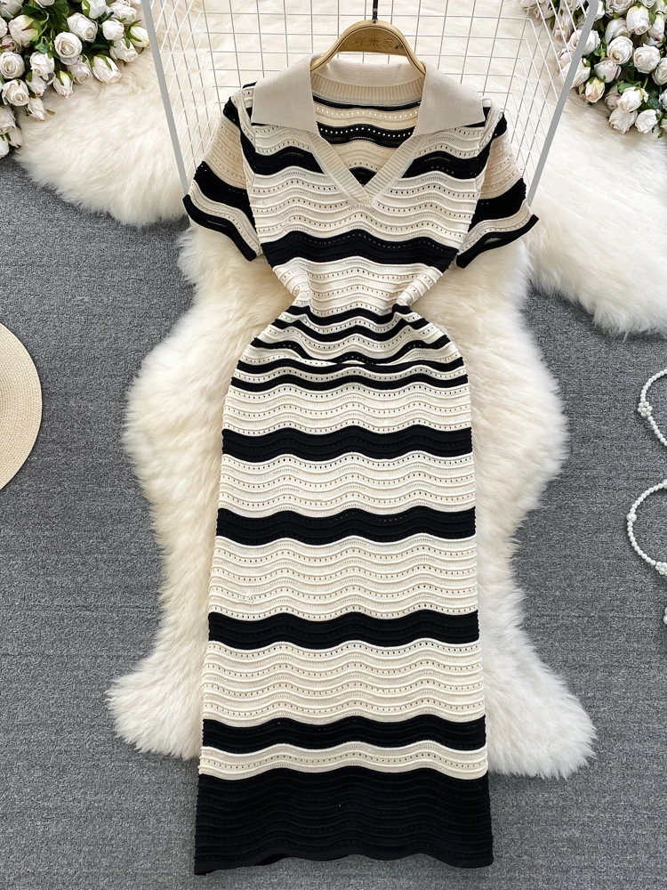 

Summer short sleeved polo neck high waist loose strip knit robe women vintage elegant short sleeved long dresses vestidos