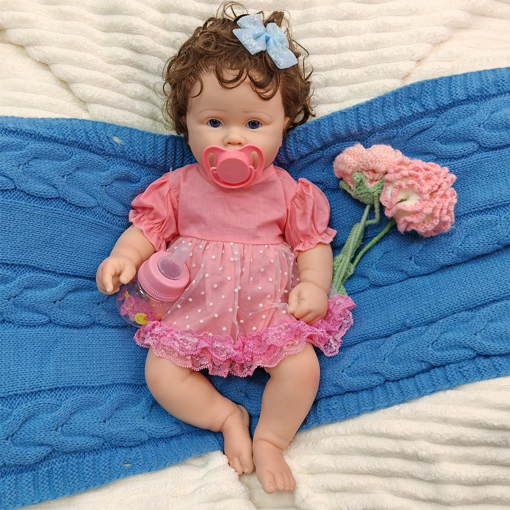Exquisite Compact Chinese Silicone Rebirth Dolls Hand Rooted Curly Hair 18inch Baby Girl Dolls Anatomical Accuracy Doll Toys