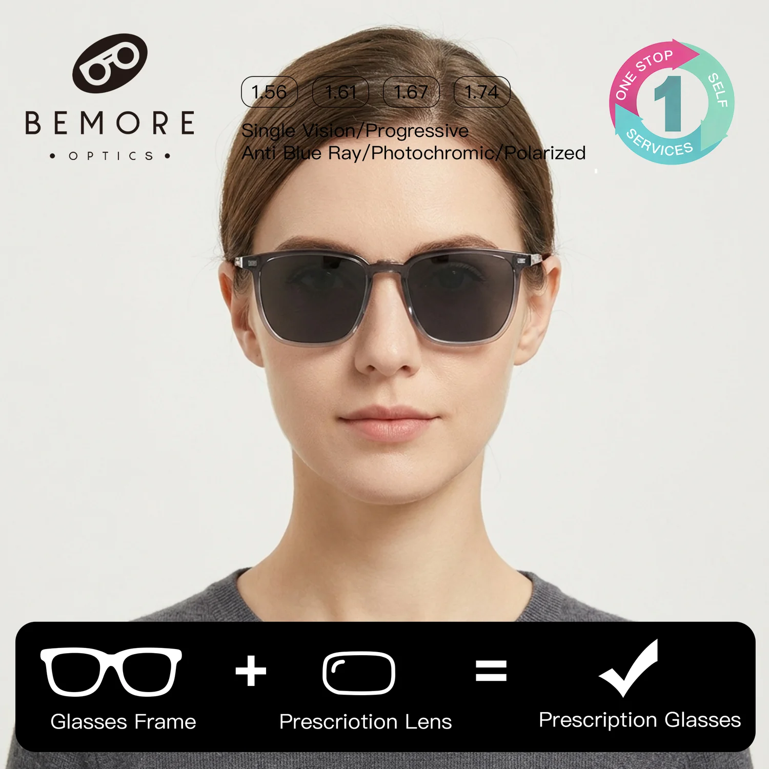 

BEMORE Square Clip on Prescription Glasses Women Acetate Polarized UV400 Magnetic Progressive Multifocal Sun Optical Eyeglasses