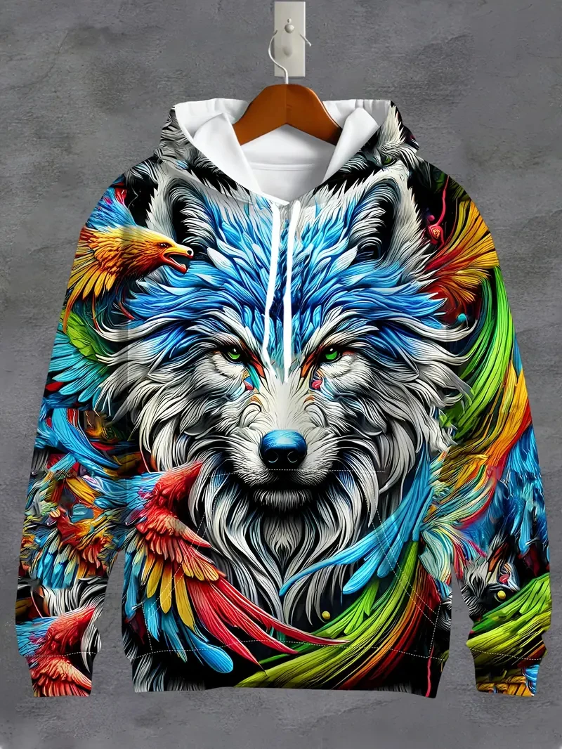 Vintage Men's Hooded Wolf Snake 3D Printed Battle Animal Pattern Sweatshirt Drawstring Sport Long Sleeve Tops Casual Men Clothes