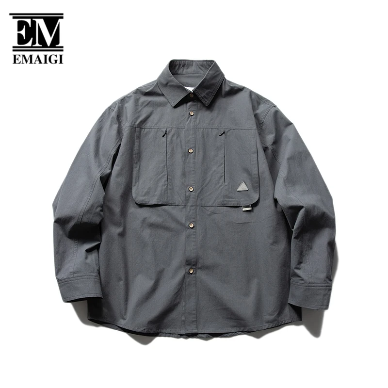 Japanese Cityboy Shirt Men Streetwear Fashion Oversize Loose Casual Long Sleeve Cargo Shirts Male Outdoor Vintage Shirts Blouses