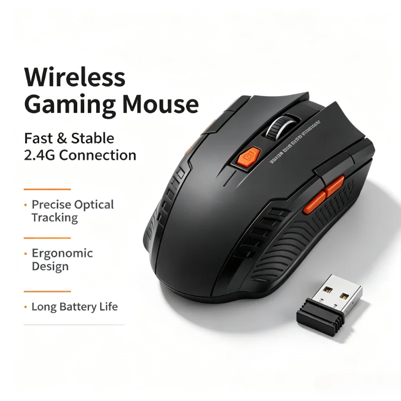 Rato de jogos sem fios de 2,4 GHz com 6 botões, DPI ajustável, sensor ótico, receptor USB, design ergonómico, para PC, portátil e jogos de computador.