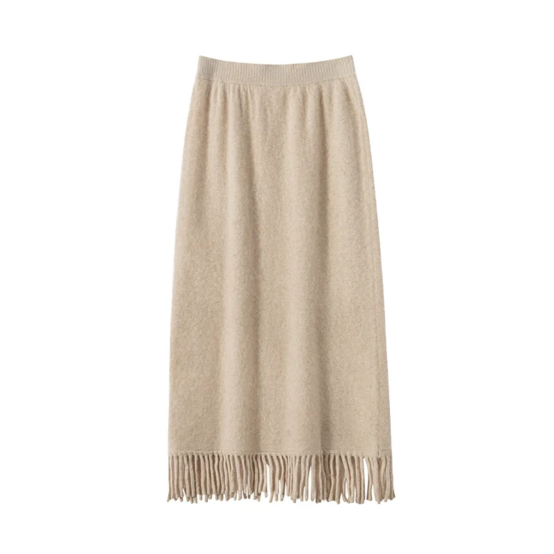 

Women's Tassels Long Skirts Autumn Winter 100% Cashmere Knitwear Soft Warm Retro Casual Clothing Versatile Hide Fat Make Slim