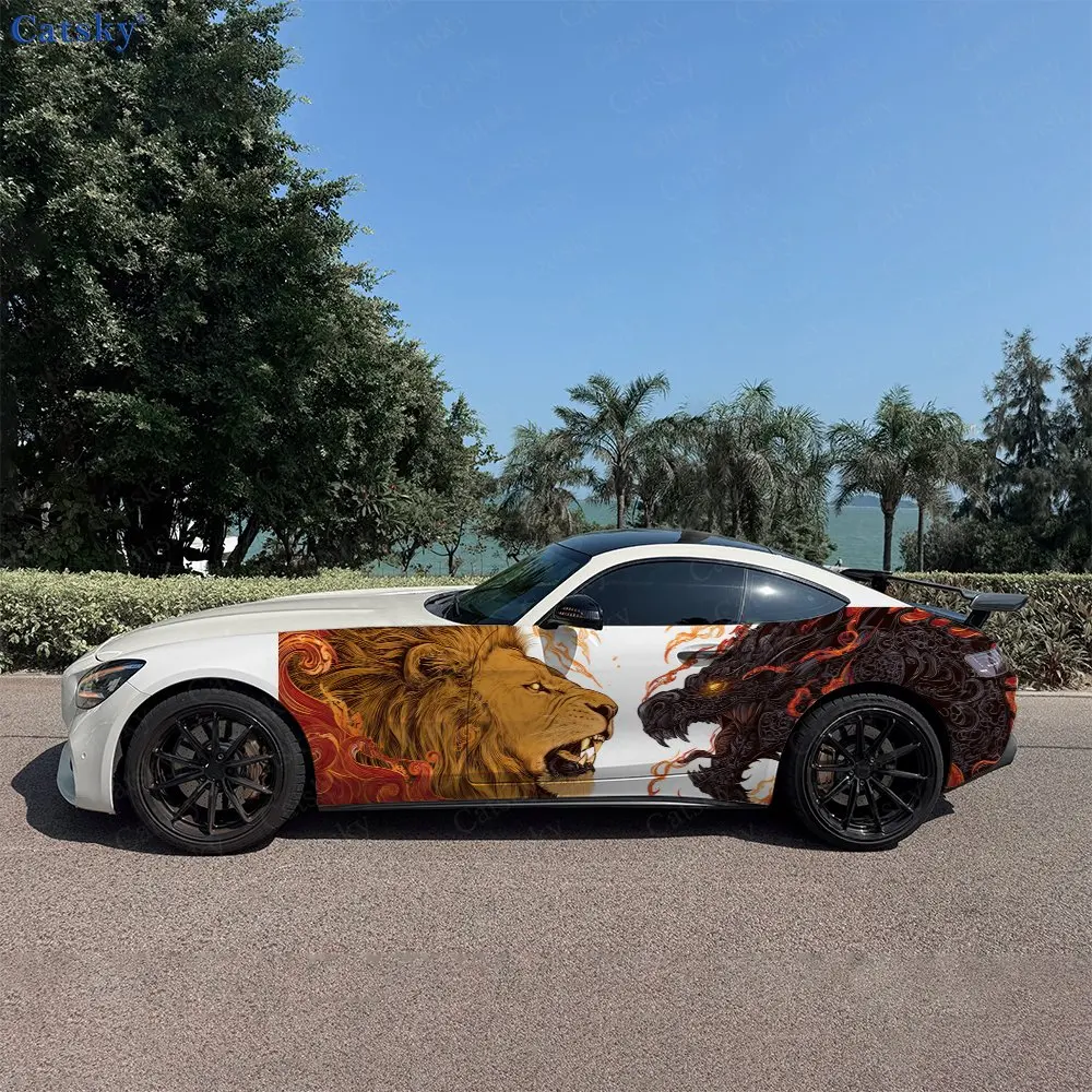 2pcs Lion And Dragon Facing Car Side Wraps, Self-Adhesive PVC Waterproof & Scratch-Resistant Stickers, Car Accessory Gift