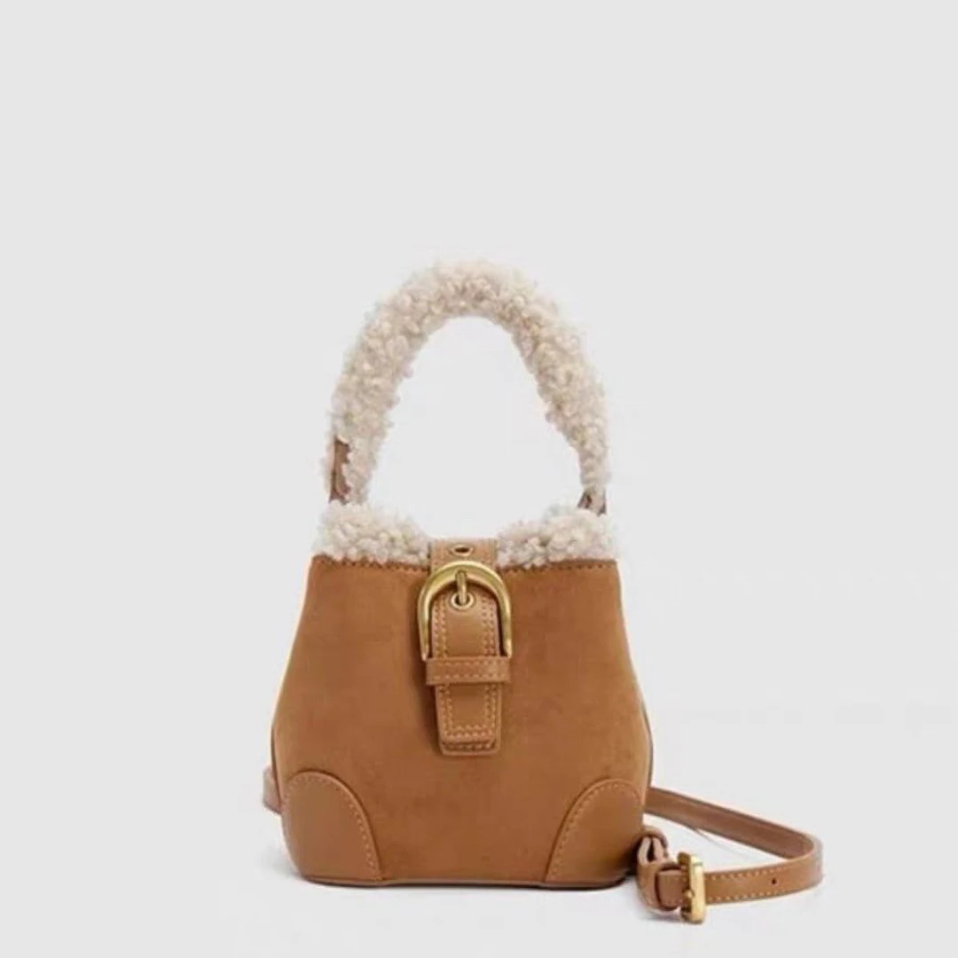 Women\'s Bucket One Shoulder Bags Autumn Winter Vintage Versatile Lamb Wool Mini Handbag Korean Elegant Fashion Crossbody Bag