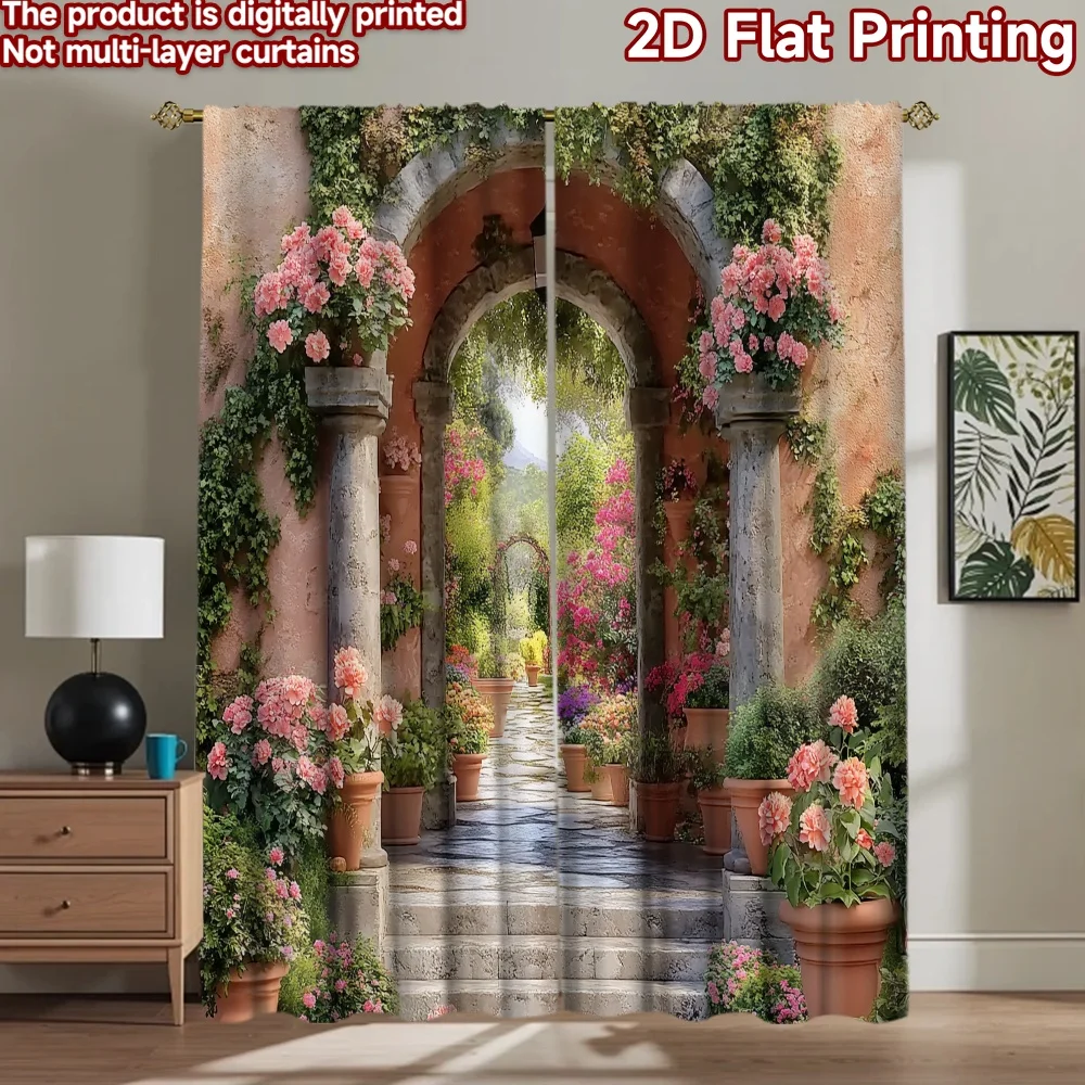 2D flat 2pcs Curtain Modern Minimalist Style Floral Garden Archway Digitally printed polyester, colorfast Festive Holiday for