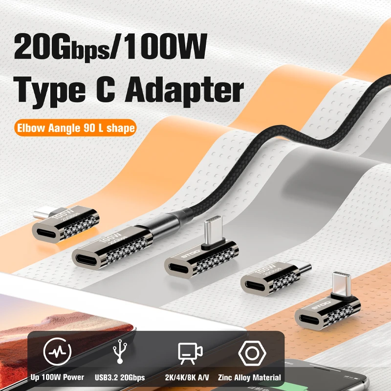 Type C Adapter USB C Extender USBC Angled Adaptor 90 Degree Female to Male Connector Right Angle L Shape Fast Charging Elbow