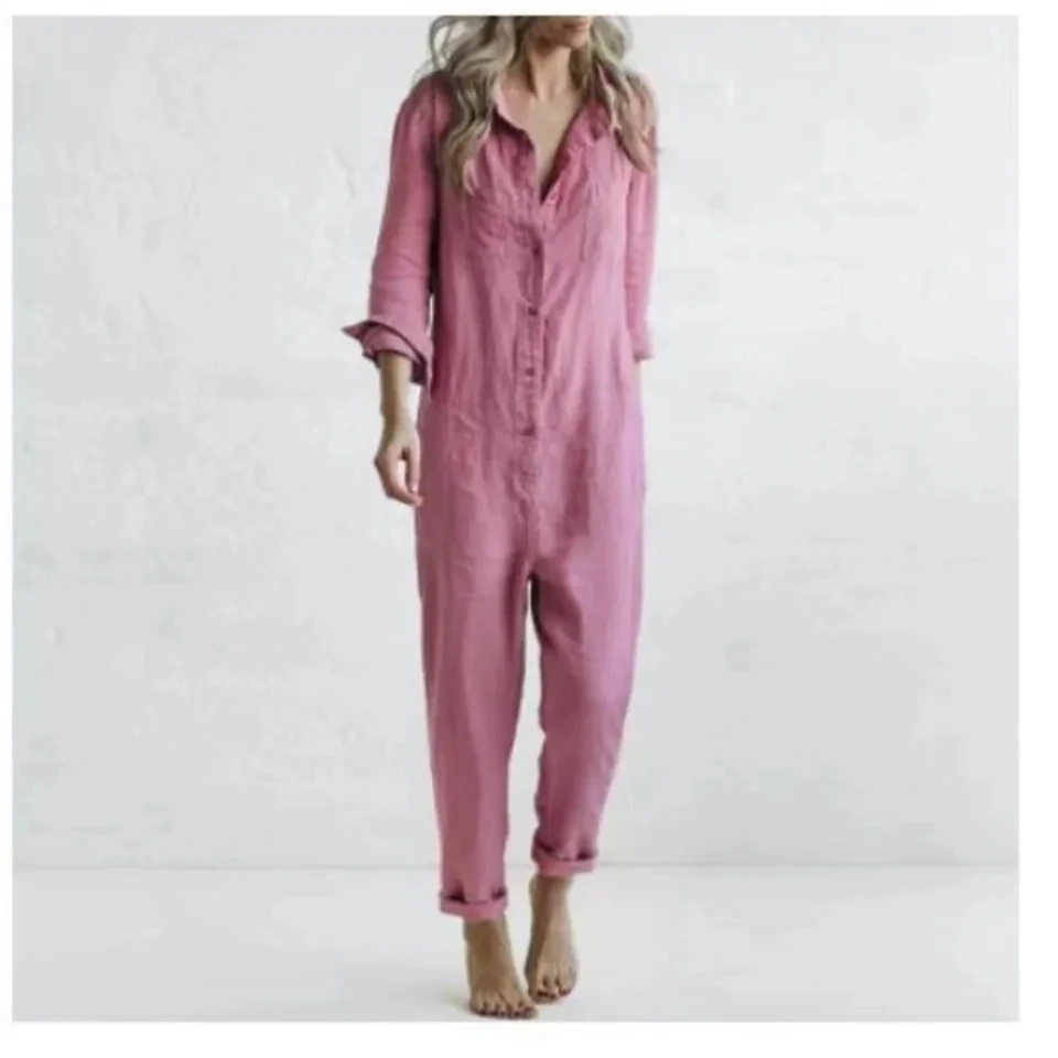 

Fashion Cotton Linen Long Sleeve Pocket Jumpsuit Women'S Autumn Casual Loose Solid Color Shirt Jumpsuit Female Military Rompers