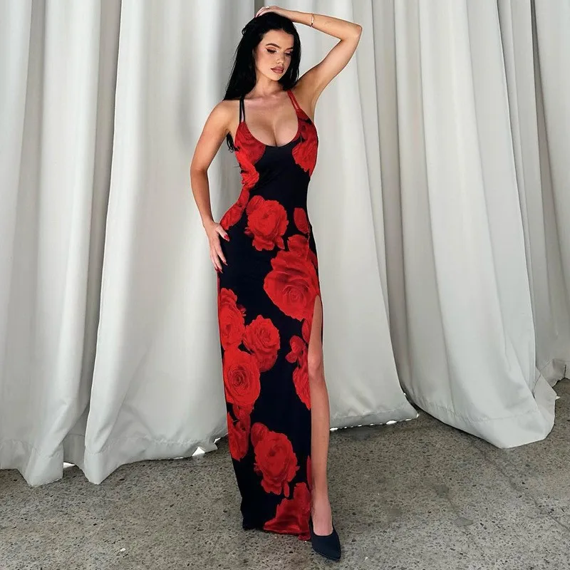 

Women's Sexy Split Halter Skirt Fashion Print Dress Dresses Medium Length Women's Cheap Clothing and Free Shipping Sales Slim