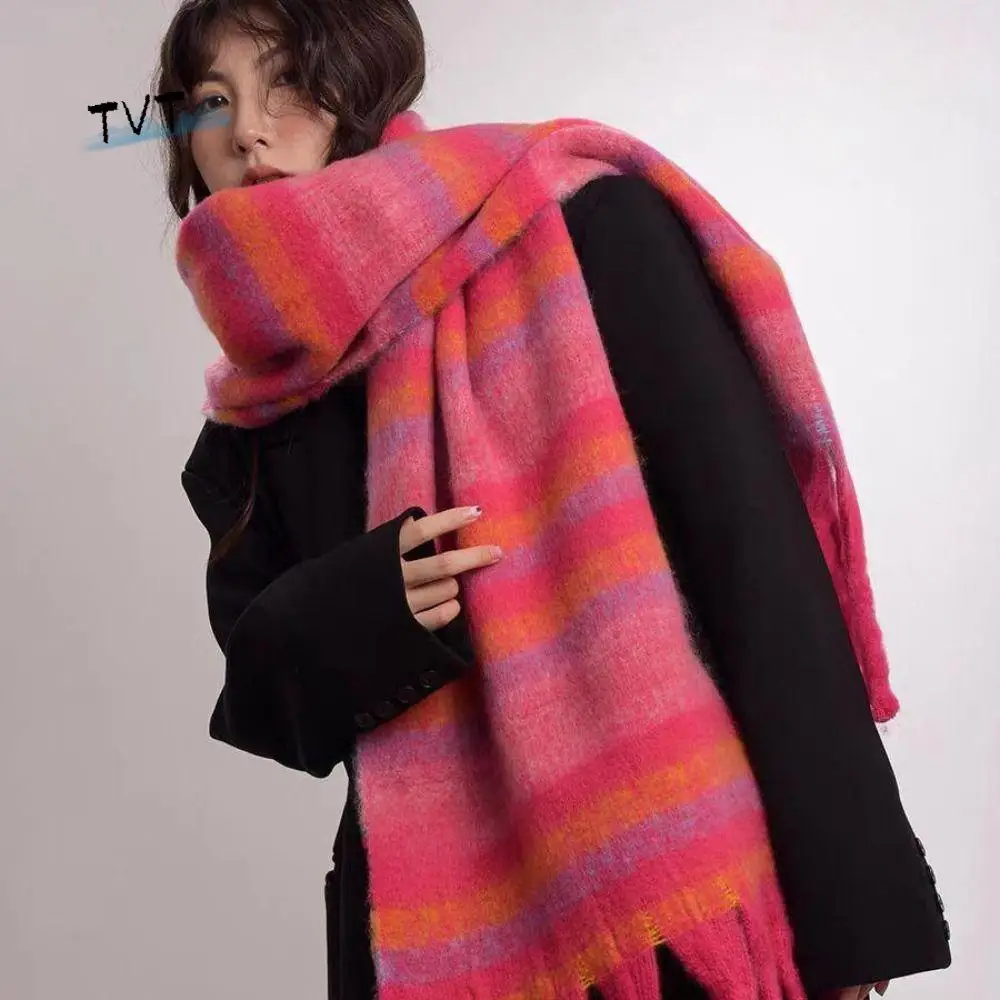 

Elegant Tassel Strip Wool Scarf Colour Matching Plush Winter Cashmere Scarves Solid Color Cashmere Shawl Cape Wraps Girl