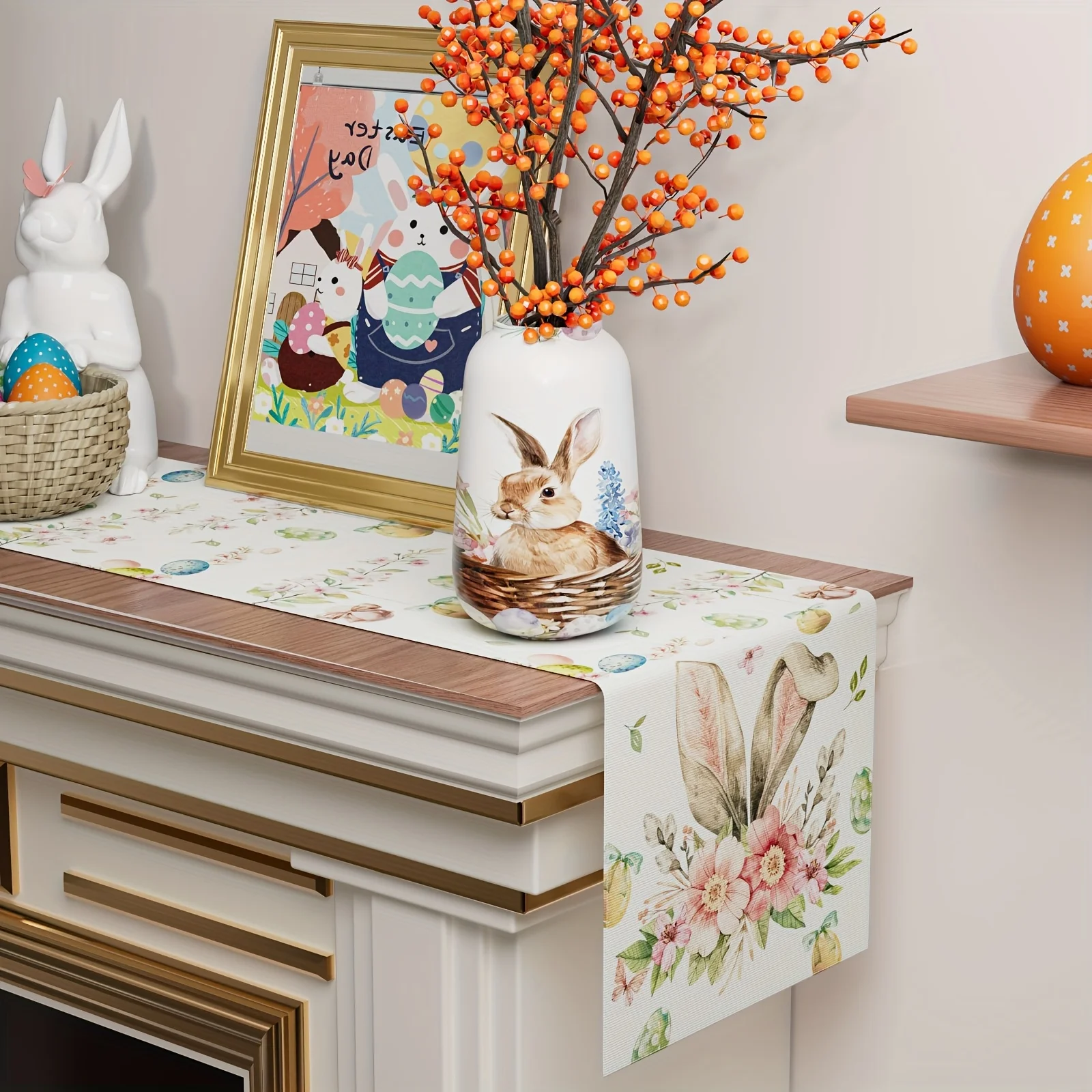 Easter Bunny Colorful Eggs Floral Linen Table Runner Holiday Party Decor Spring Flowers Leaves Table Runners Dresser Scarf Decor