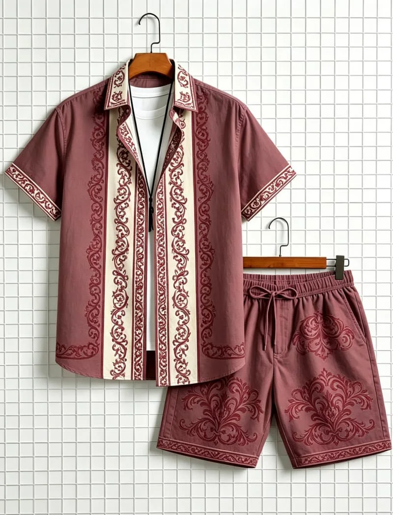 Men's ethnic border printed short sleeved shirt and shorts set, fresh and elegant style, for daily leisure and outdoor travel view 6