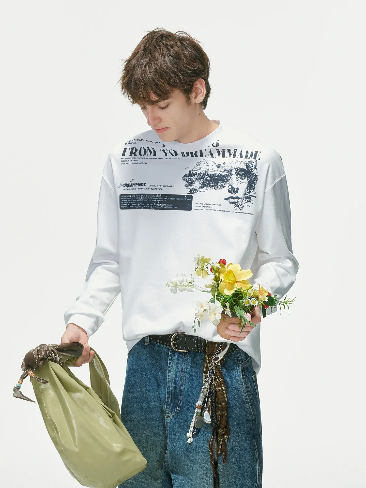 Dream Made American Style Printed  Long Sleeve Men's T-shirt Loose Base Layer Top for Commuting Autumn Couples Wear