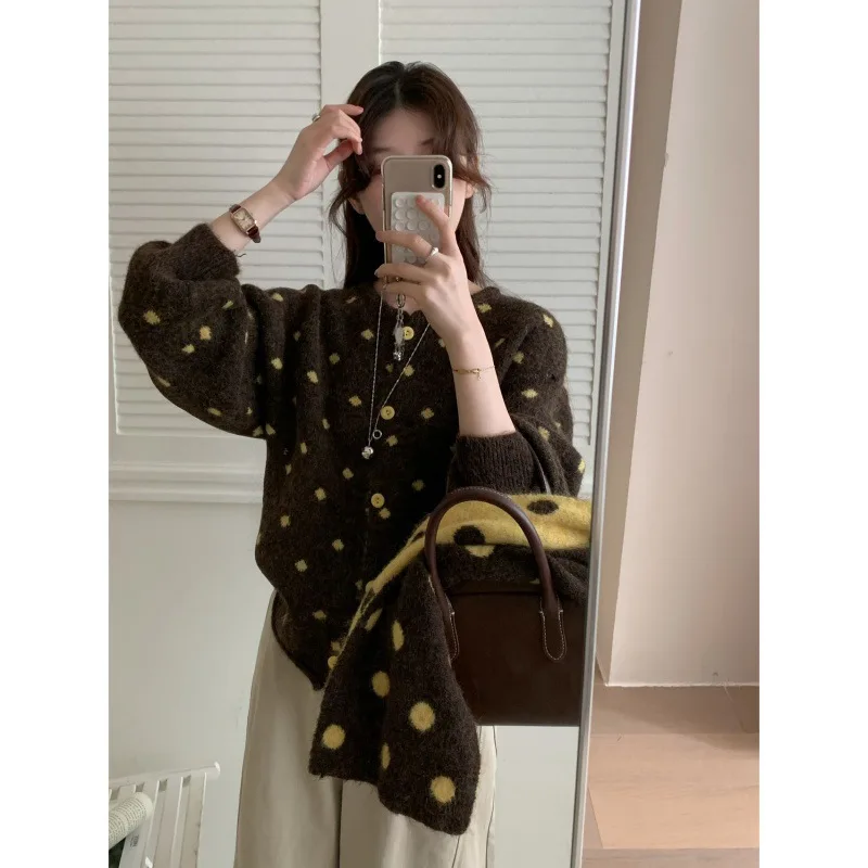 الكورية نمط البولكا نقطة متماسكة سترة وشاح المألوف تنوعا عادية لينة المرأة الخريف الشتاء جديد فضفاض سترة سترة #3