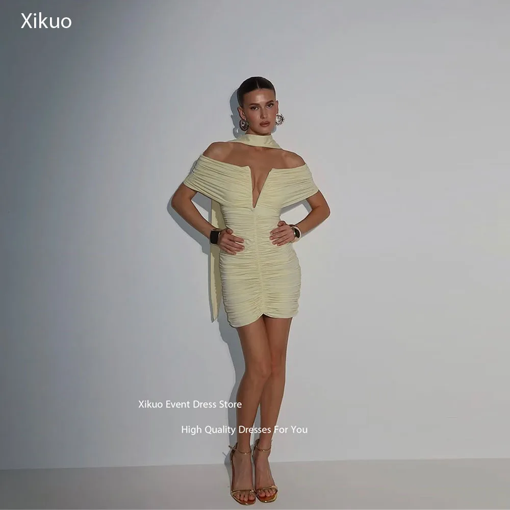

Xikuo Butter Yellow Hue Chiffon Prom Gowns Off Shoulder Neck Vestidos Para Eventos Ribbons V Cut Dresses 2025 Woman Customized