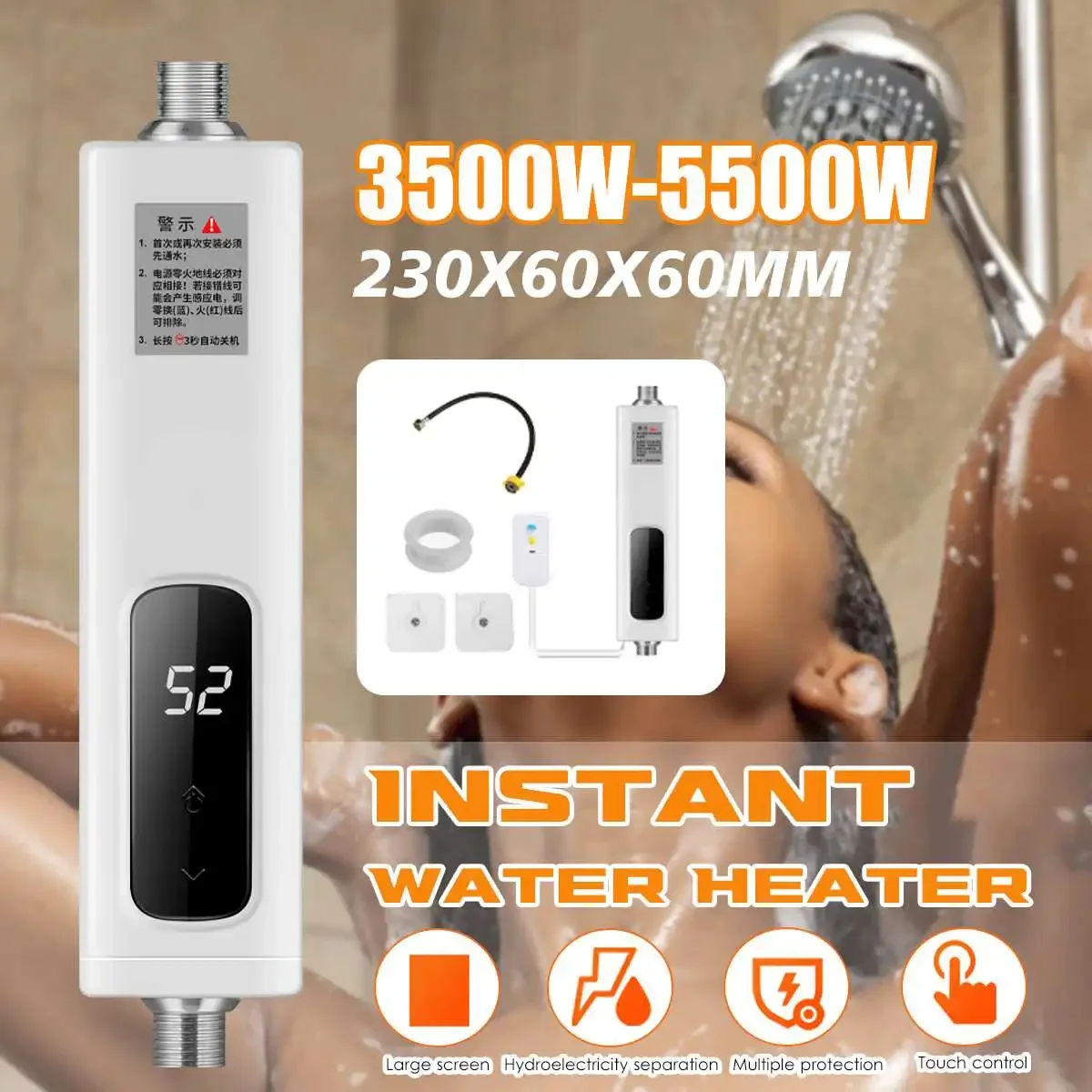 3500W Electric Water Heater Waterproof Mini Tankless Instantaneous Water Heater Kitchen Bathroom Shower Hot Water Fast Heating