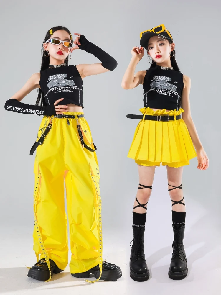 

2024 New Ballroom Hip Hop Dance Costumes For Girls Black Vest Yellow Pants Streetwear Children Jazz Dance Stage Clothes DQS16657