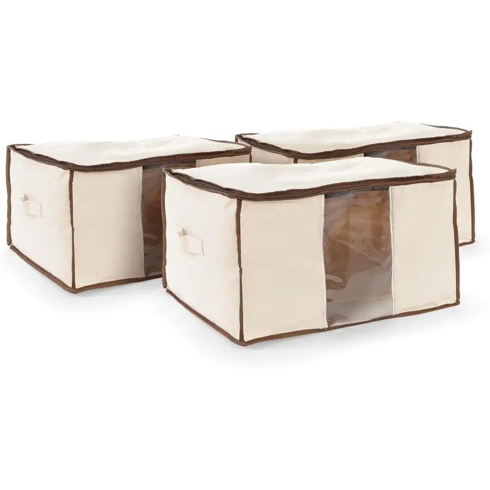 Canvas Storage Bag or Blankets, Clothes & Décor, 100% Cotton Breathable abric, Clear ID Window, Dual Zipper Closure, Carry Handl