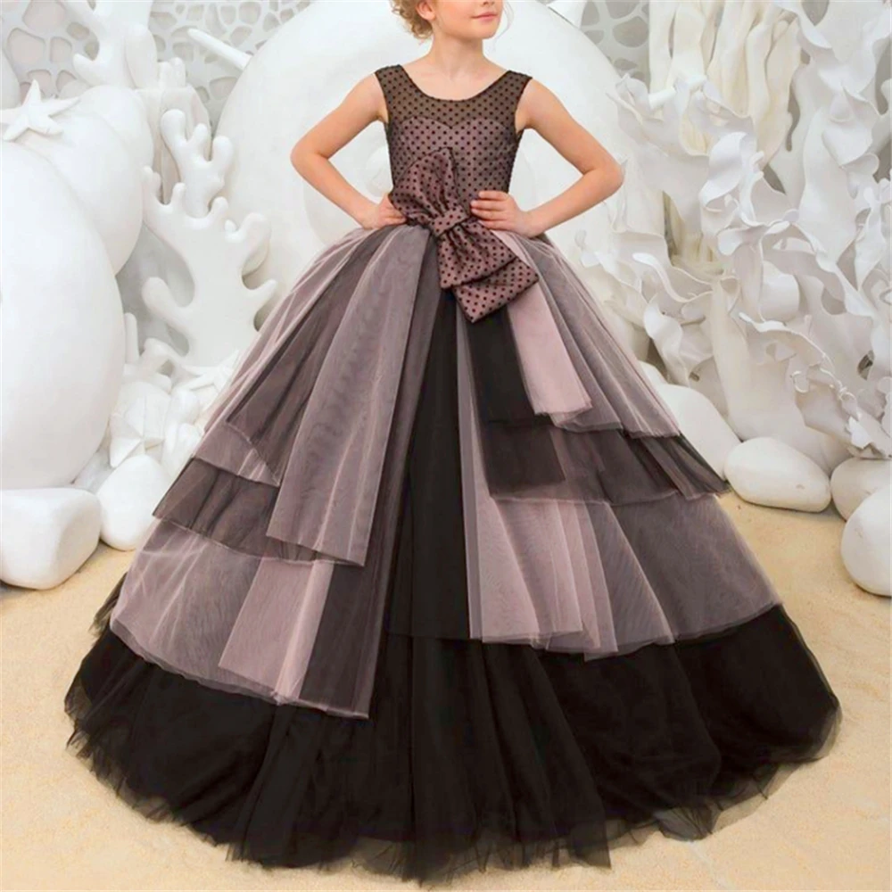 

Two-color Tulle Layered Bow Belt Flower Girl Dress Princess Ball Beauty Pageant First Communion Kids Surprise Birthday Present