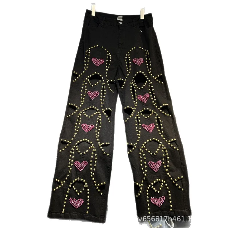 

American Street Hollow Out Diamonds Love Beading Wide Leg Jeans for Women New Spring Autumn High Waist Straight Denim Pants