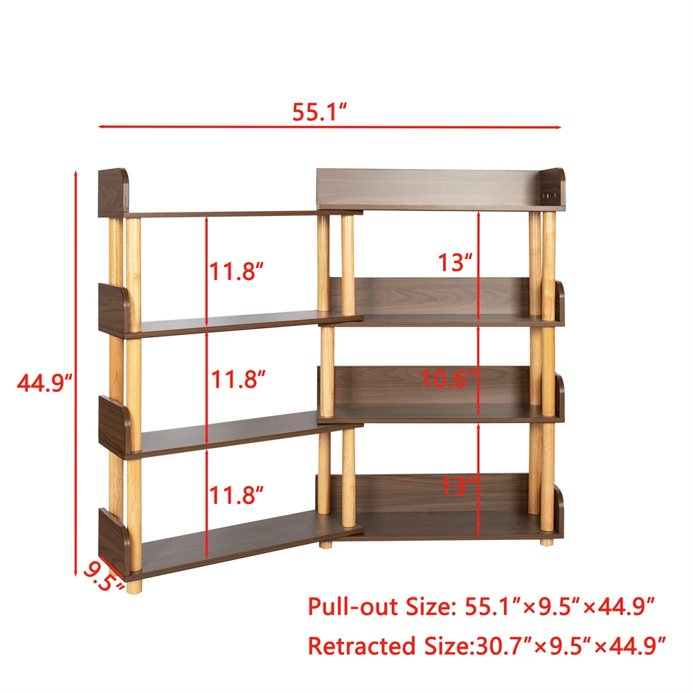 4 Tier Retractable Rotatable Bookcases Wooden Corner Book Shelf Storage Rack For Books Utility Organizer Shelves For Living Room