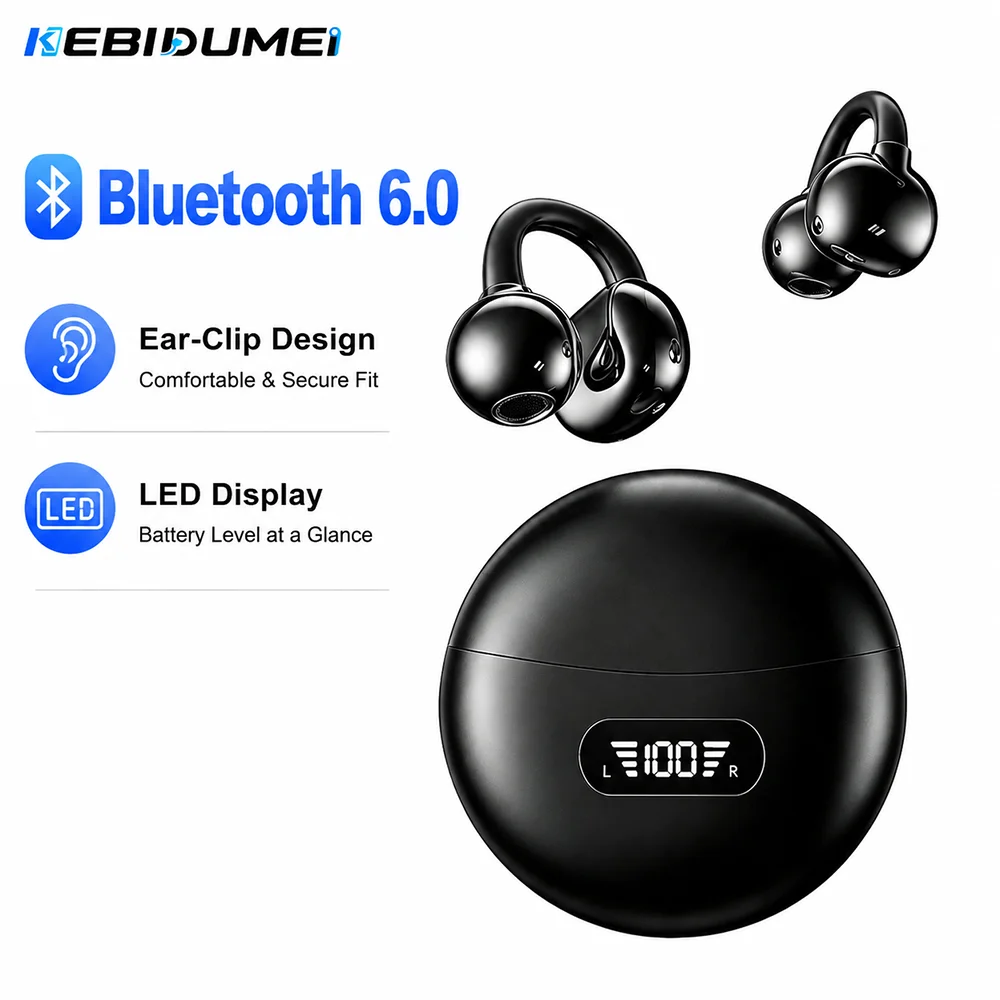 Wired Earphone Mic - KEBIDUMEI Bluetooth 6.0 Kopfhörer, offene Ohrclip-Kopfhörer,