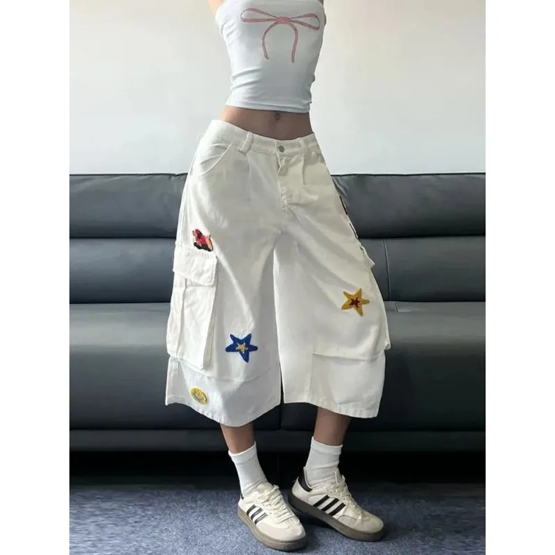 

Women's White Cargo Mid-Length Pants Loose Wide-Leg with Embroidered Star Cartoon Decor