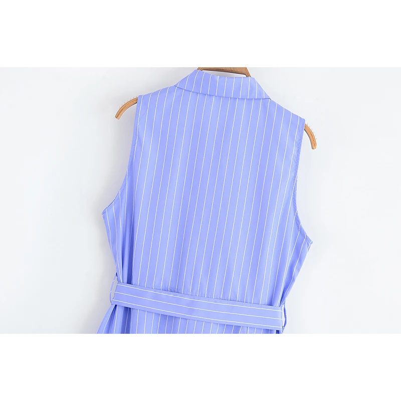 فساتين YENKYE قميص طويل مخططة باللون الأزرق للنساء بزر أمامي مع حزام على شكل حرف a بدون أكمام فساتين ماكسي أنيقة