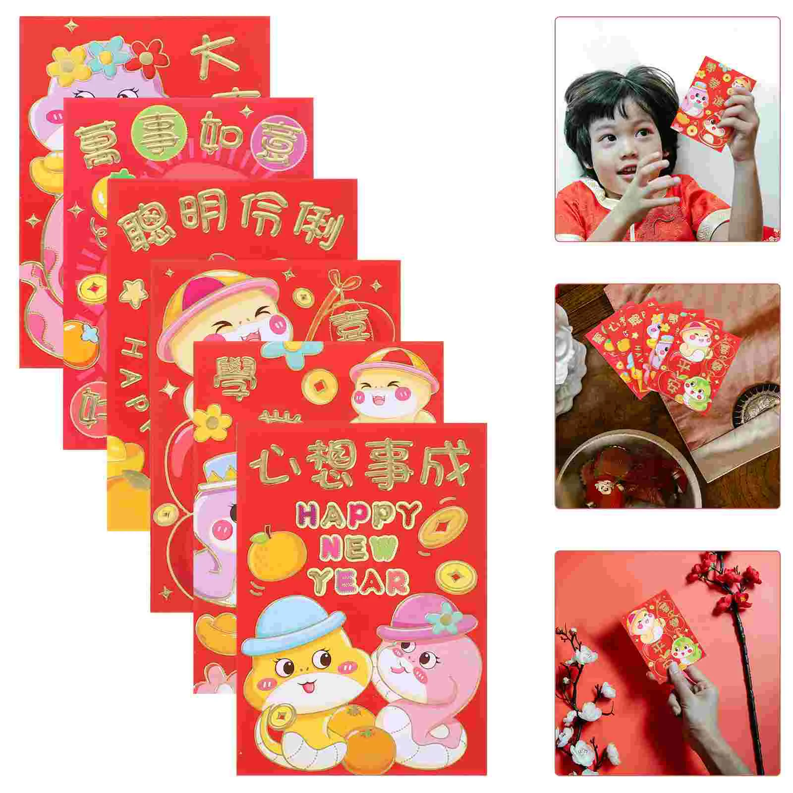 

60 Pcs Lai Shi Feng Hong Bao Chinese Red Envelopes Lunar New Year Cash for Money Lucky Cartoon Si